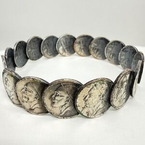 Vintage Belgian Coin Bracelet Leopold III 20 Centimes Numismatic Bangle Silver